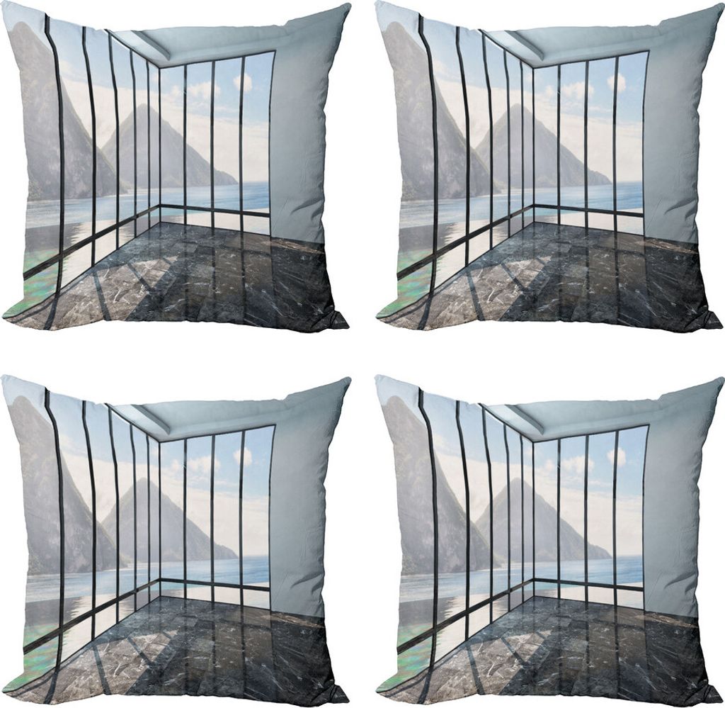 ABAKUHAUS Weiß Kissenbezug Set (4 Stück), Berge Meer Landschaft, Moderner Doppelseitiger Digitaldruck, 60 cm x 60 cm, Charcoal Grey Sky Blue