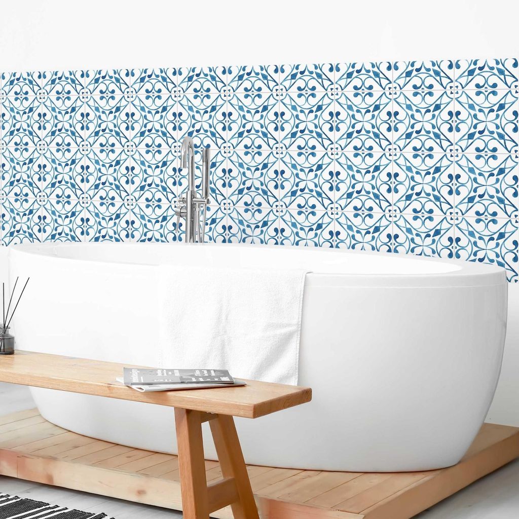 Wandverkleidung Bad Muster selbstklebend - 0.35 mm Wandpaneel matt wasserfest Ornament blau Fliesenoptik Badrückwand fugenlos 200x90 cm