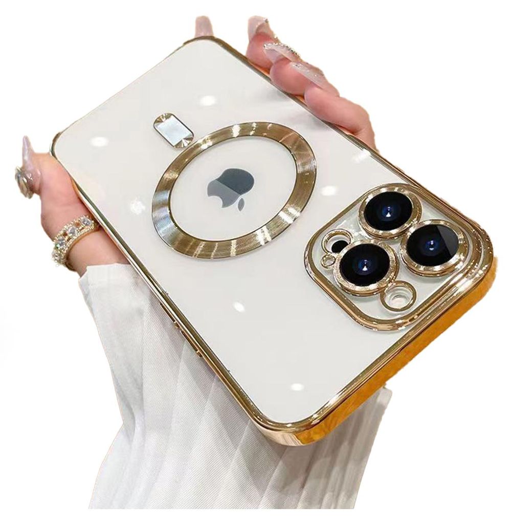 A hand is holding a white iPhone case with gold trim and a gold ring around the Apple logo. The camera module is also trimmed in gold.