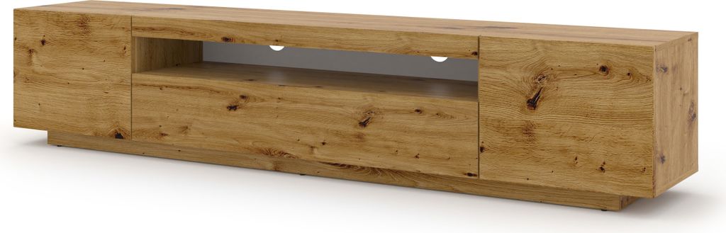 A long, wooden TV stand with two cabinet doors on the sides and an open shelf in the middle.