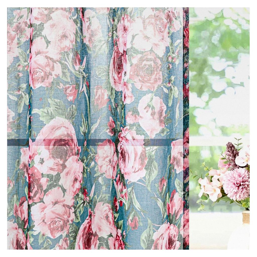 Vorhänge in Grün und Rosa für das Wohnzimmer mit Blumenmuster, transparent, für Schienensystem, 2er Set, Leinenoptik, 245 cm lang