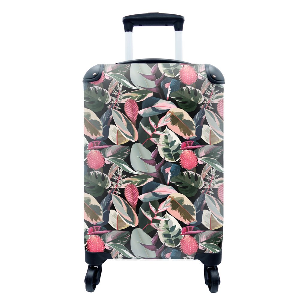 MuchoWow Koffer Handgepäck Trolley Rollkoffer Kleine Reisekoffer mit 4 Rollen - Tropisch - Rosa - Blätter - Cabin Size < 55x40x23 cm & 55x40x20...