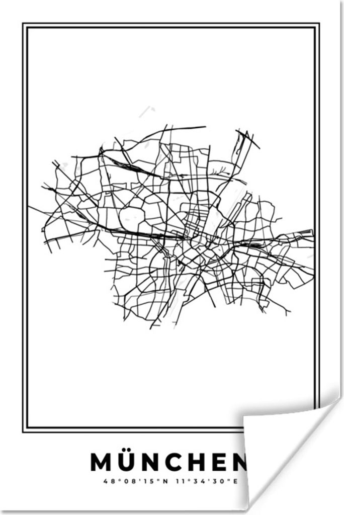 MuchoWow Poster Stadtplan - Deutschland - Schwarz und weiß - München - Karte 120x180 cm - Kunstposter