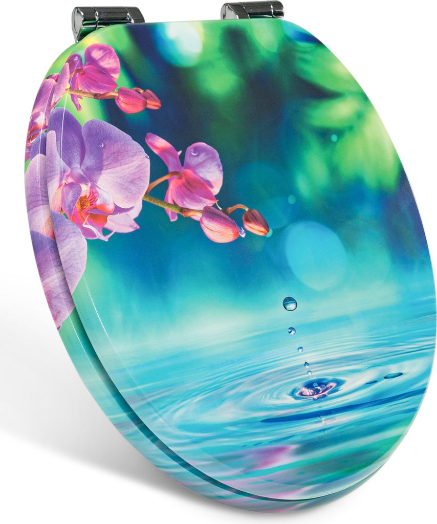 A toilet seat with a floral and water droplet design.