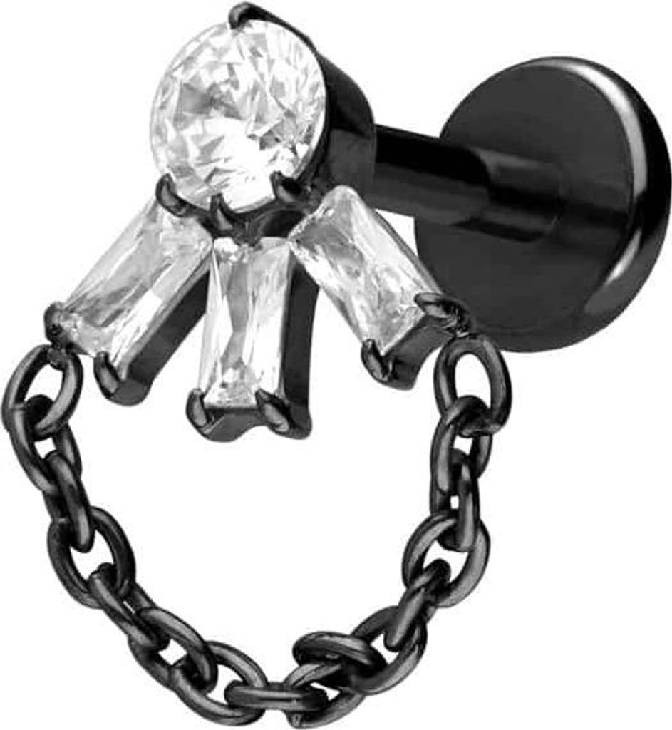 Ohrpiercing, Nasenpiercing Titan Labret mit Push Fit LOTUSBLÜTE + KETTE Schwarz Stablänge: 7mm | Stabstärke: 1mm