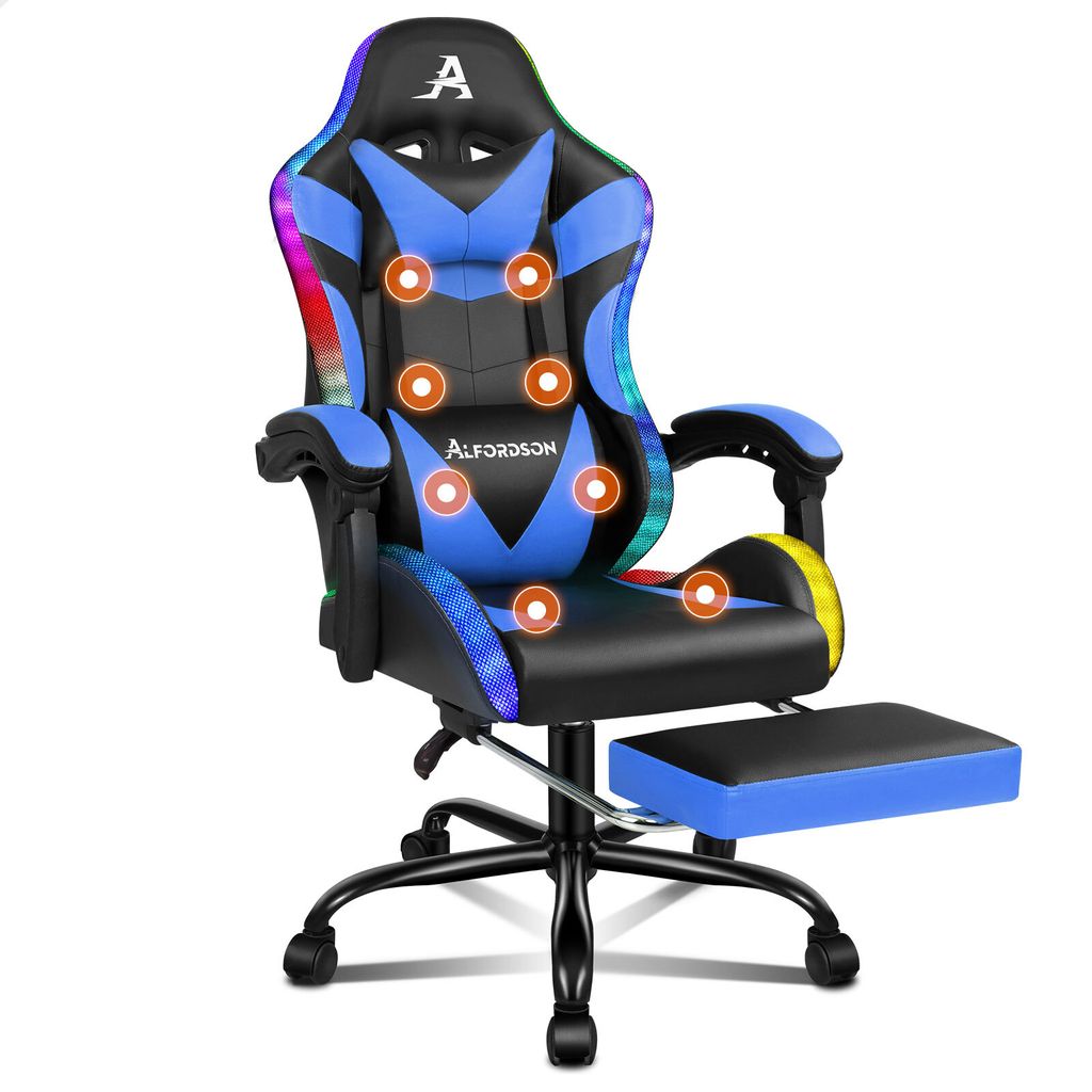 ALFORDSON Gaming-Massagestuhl,Massage-Rennstuhl mit LED,ergonomischer Schreibtischstuhl mit 150° Neigung,Einziehbarer Fußstütze, Kunstleder, 180...