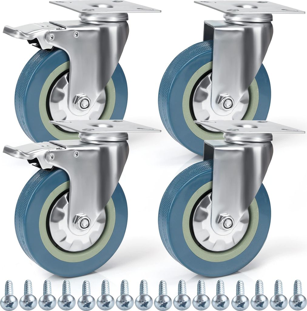 Kurtzy Lenkbare Rollen Schwerlast (4Stk) - 100mm Möbelrollen Gummi Feststellbare Rollen mit Bremse, Schrauben & Metallplatten - Max. 280kg für