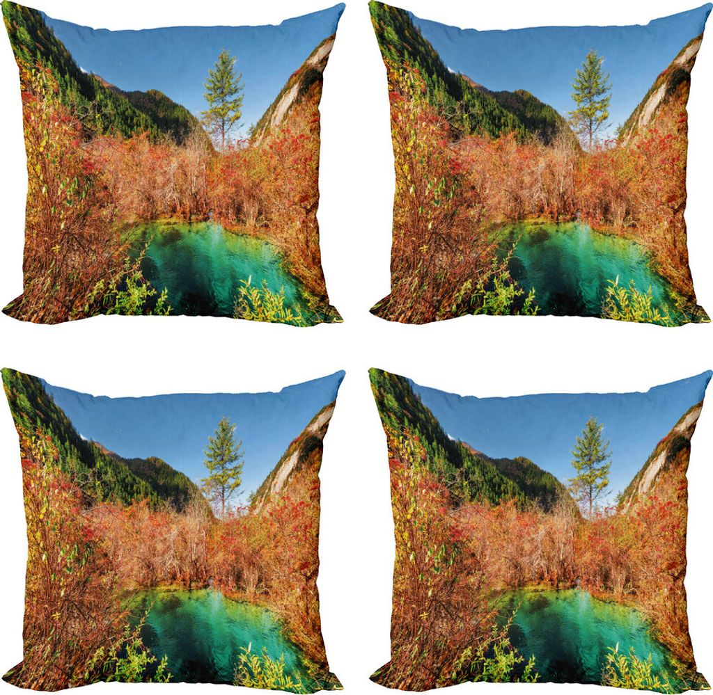 ABAKUHAUS Natur Kissenbezug Set (4 Stück), Idyllische Herbstsaison, Moderner Doppelseitiger Digitaldruck, 50 cm x 50 cm, grün Gelb