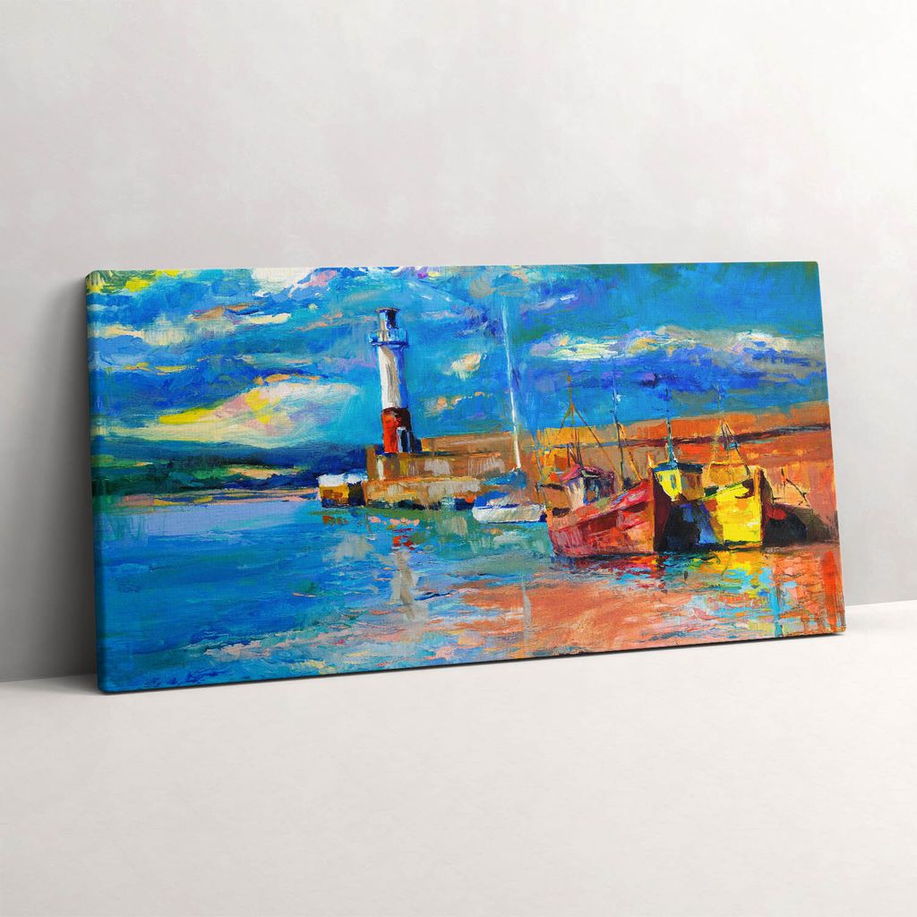 Leuchtturm und Boote – Leinwandbild Wandbild – 140x70 cm – Leinwandbilder – Wandbilder – Schlafzimmer – Flur