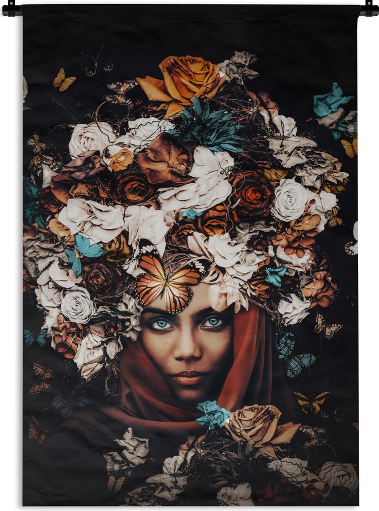 MuchoWow Wandteppich Wandbehang Blumen - Schmetterling - Frauen - Kopftuch 60x90 cm Tapisserie Dekoration Wandtuch - Foto-Teppich - Abwaschbar