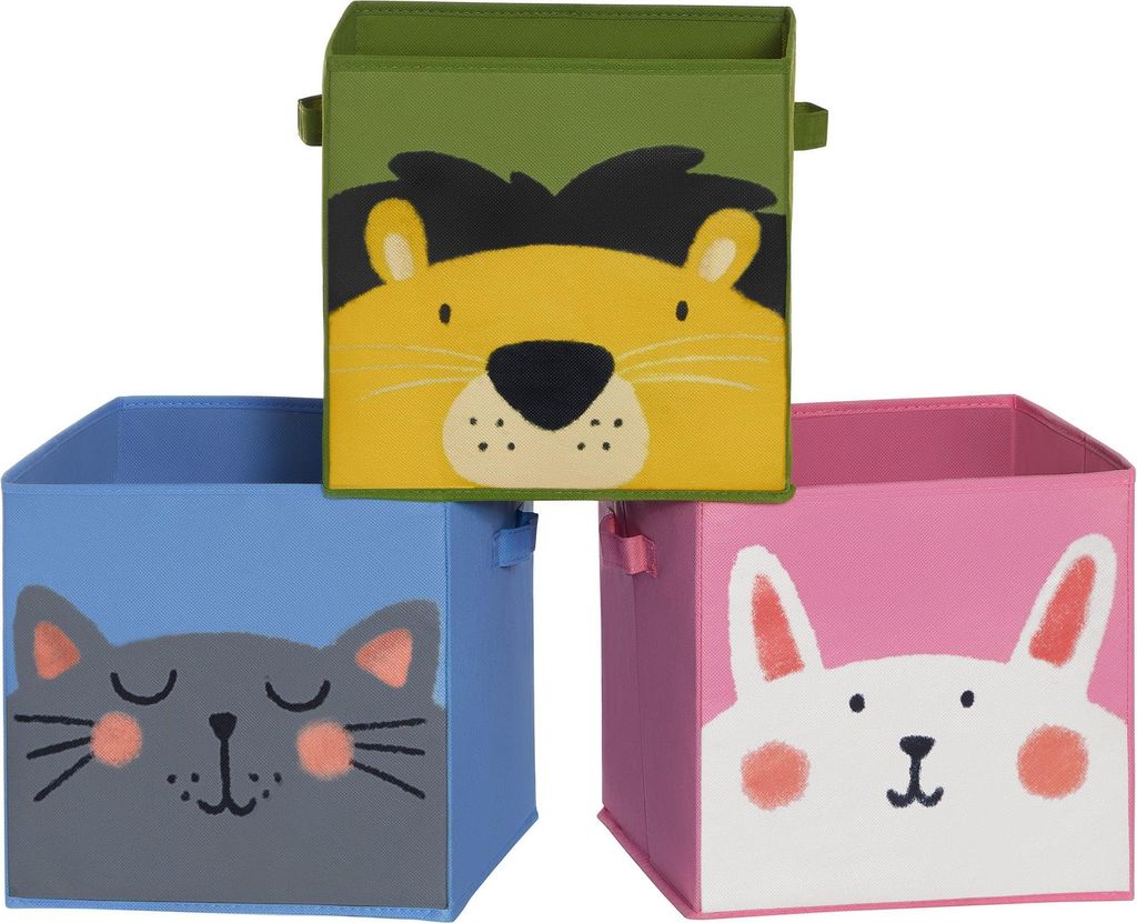 Three fabric storage boxes with animal faces stacked and arranged.