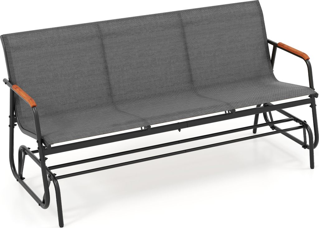 A three-seater glider bench with a dark gray fabric seat and black metal frame, featuring wooden armrests.