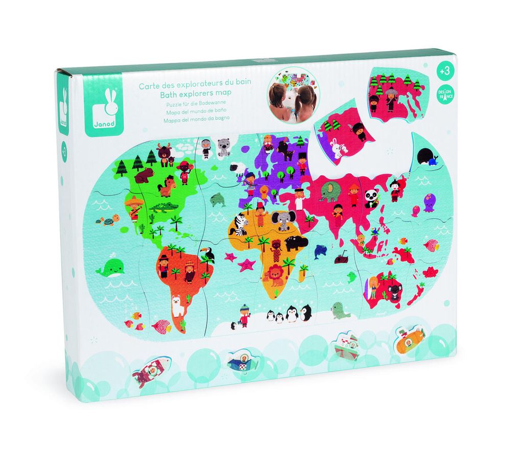 The image shows the packaging of a children's bath puzzle featuring a world map with animals.
