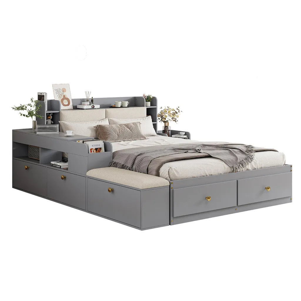 Lit double combiné gain de place 140x200, bois gris avec rangements - 11