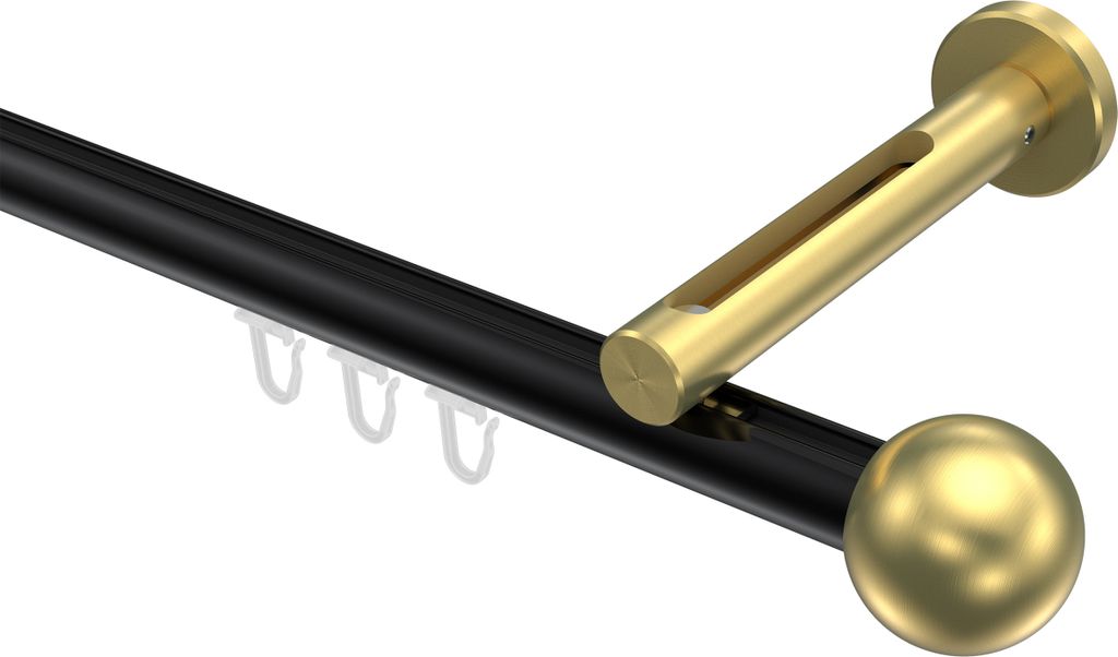 Interdeco Innenlaufstange / Gardinenstange mit Innenlauf Schwarz / Messing-Optik, Typ Siteno Luino (Kugel), 20 mm Ø 1-läufig, 180 cm