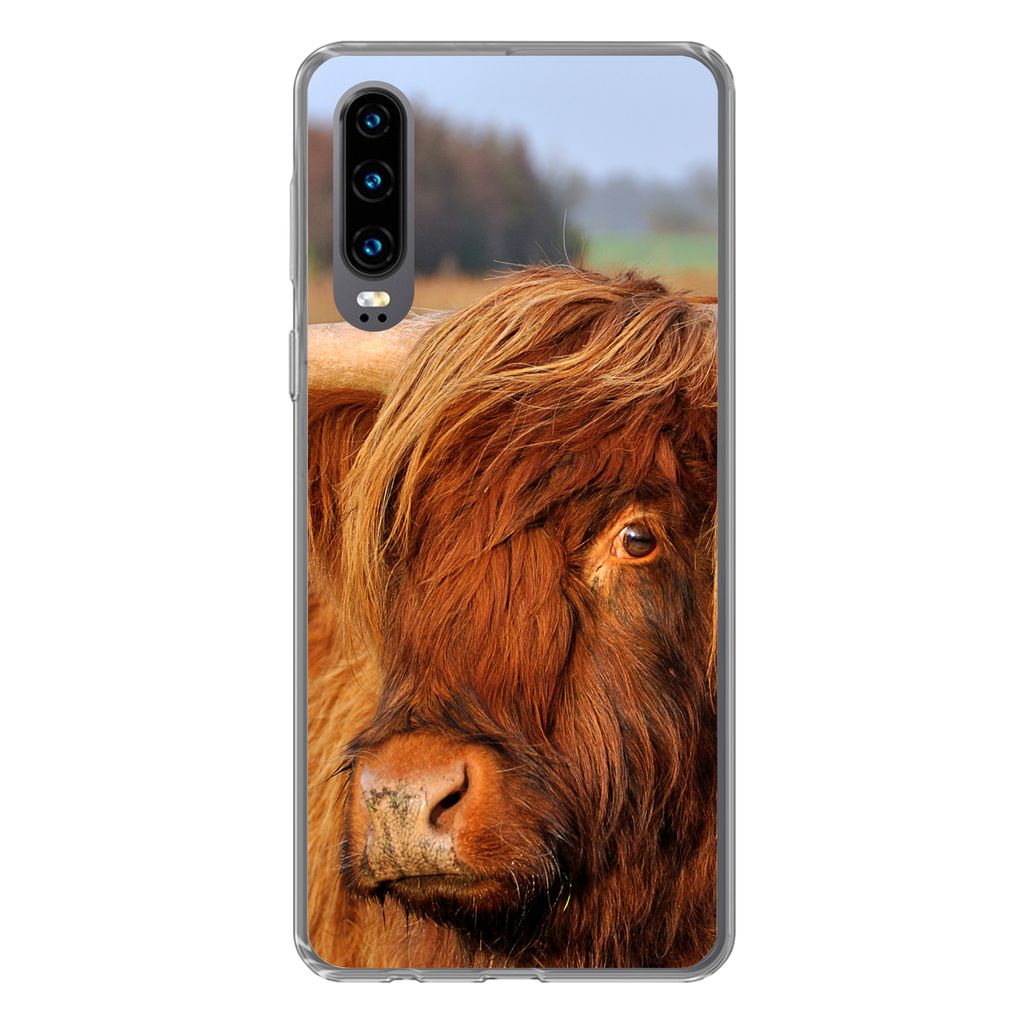 MuchoWow Handyhülle Schutzhülle Hülle für Huawei P30 Schottischer Highlander - Gras - Baum Silikon Softcase Handy Hülle - Kartenbesitzer