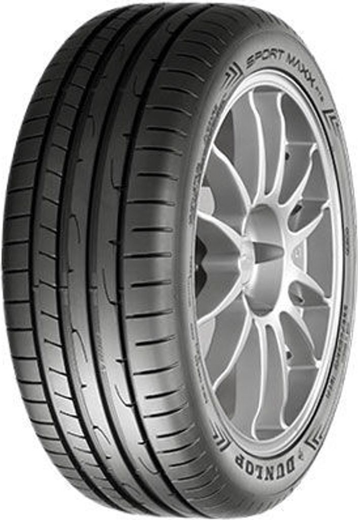 A close-up studio shot of a Dunlop Sport Maxx Rt2 tire mounted on a silver alloy wheel.