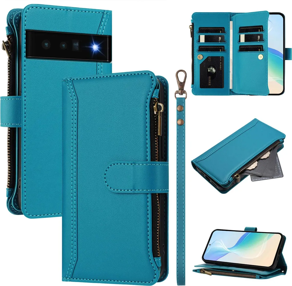 Custodia Professionale Pixel 6 Pro Blu: Portafoglio Ecopelle e Supporto