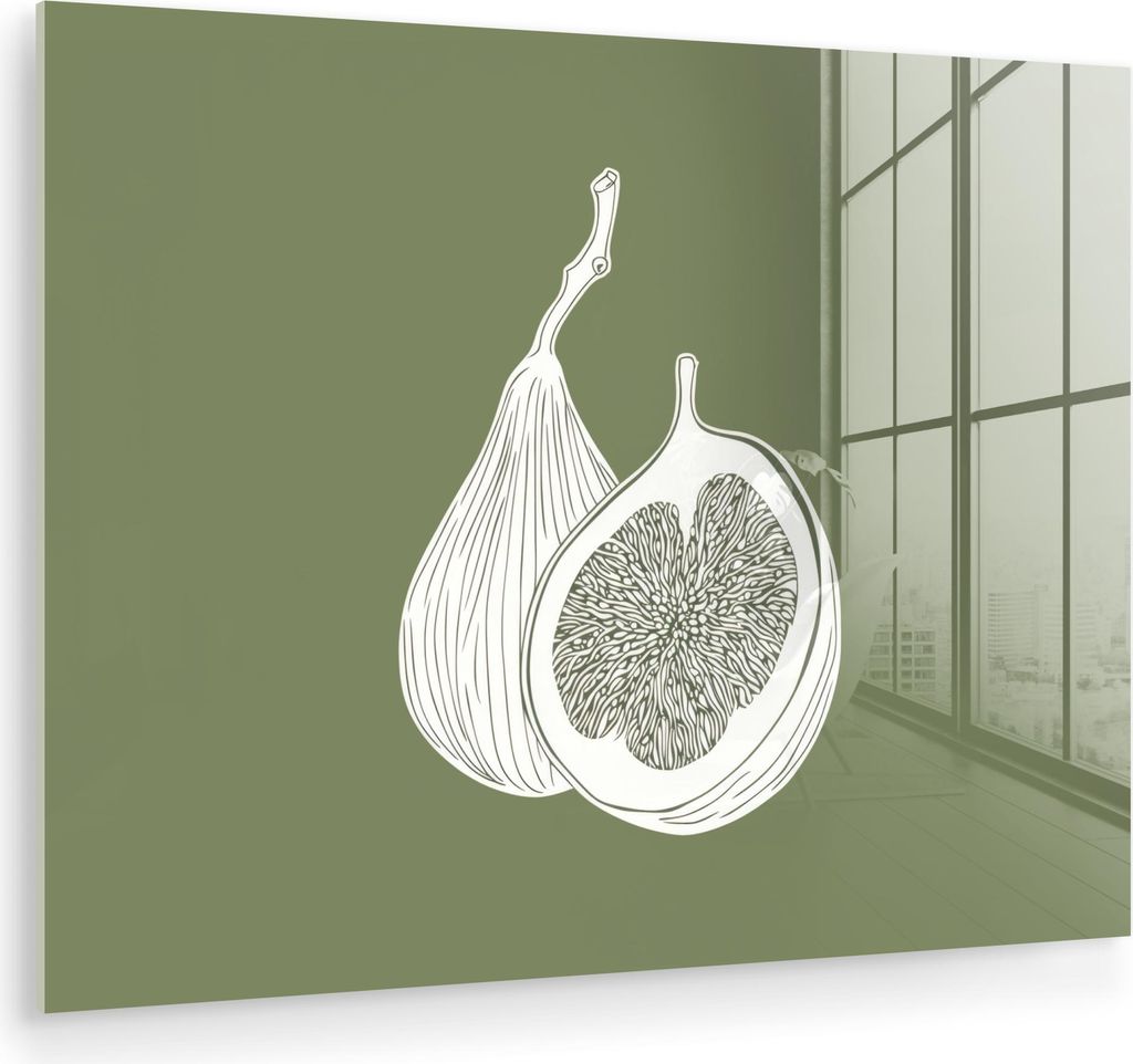 MuchoWow Glasbilder - Bilder auf Wandbild - Foto auf Glas Feigen - Minimalistisch - Gezeichnet - Moosgrün 40x30 cm Wanddekoration aus Glas - Acryl...