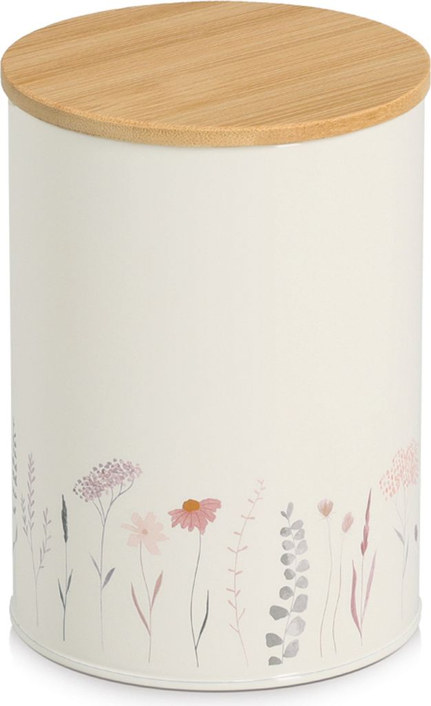 ZELLER 19401 Vorratsdose 1400 ml FLOWERS Metall mit Bambusdeckel, weiß/Dekor