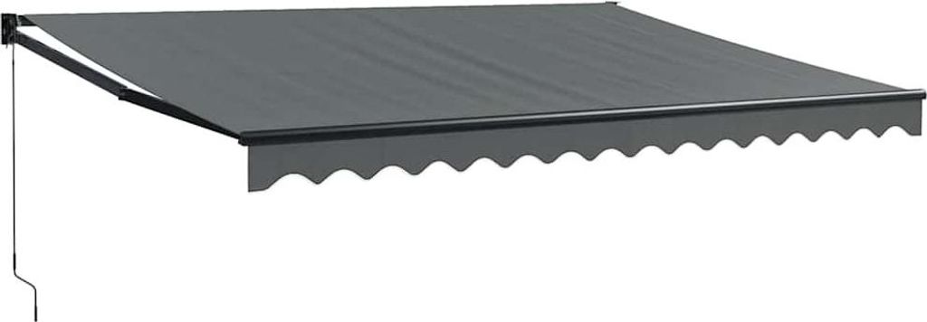 A gray retractable awning is shown against a white background.