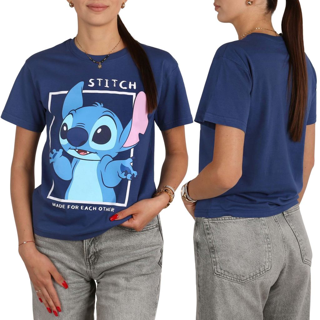DISNEY Stitch Damen-Baumwoll-T-Shirt mit kurzen Ärmeln, 100 % Baumwolle, L