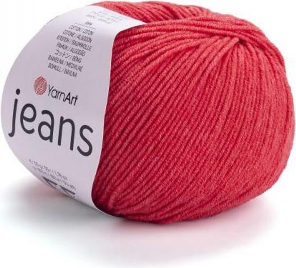 A ball of red yarn with a white label.