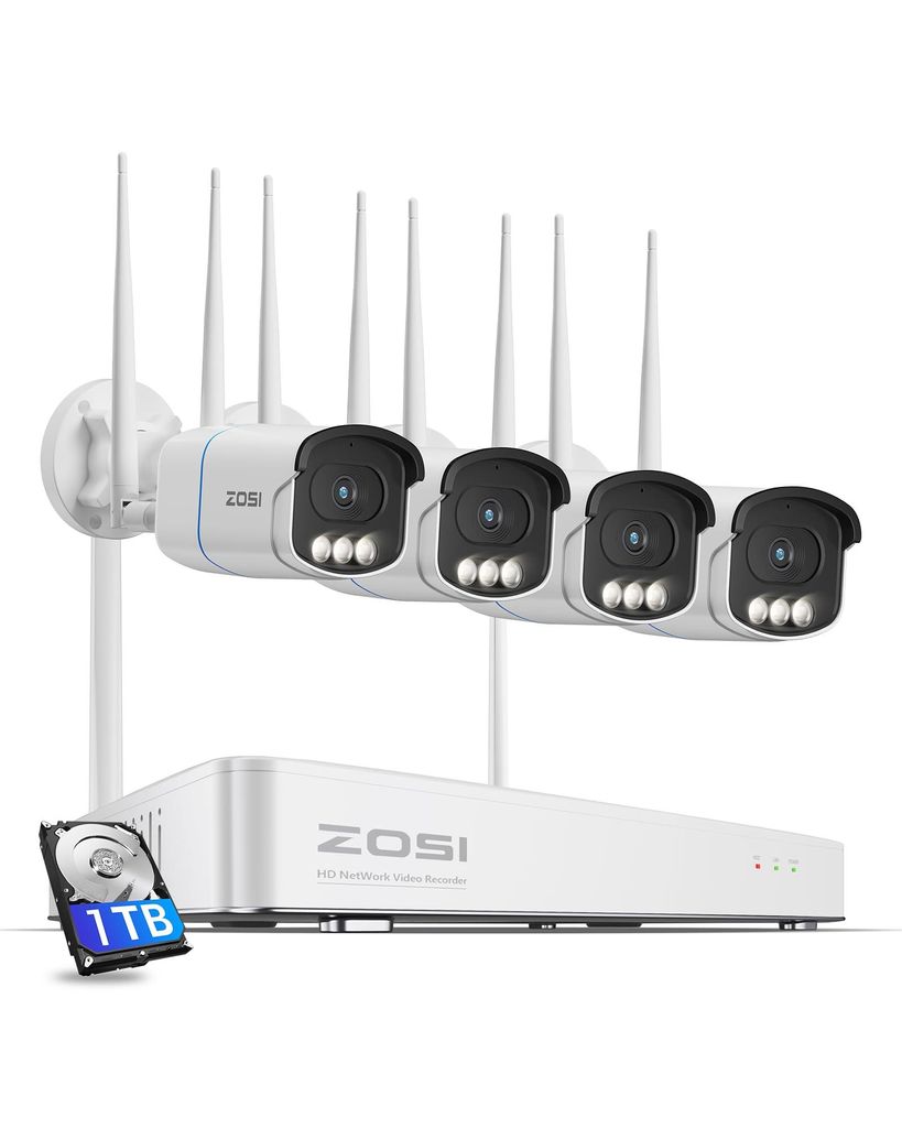 ZOSI AuroraLux 4K WiFi 6 Überwachungskamera Set mit 1TB HDD, 4X 8MP WLAN Kamera mit Echtfarben-Nachtsicht, F1,0-Blende, KI Personenerkennung, C186A