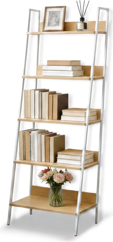 Relaxdays Standregal, modernes Leiterregal mit 5 Ablagen, für Pflanzen, Bücher & Deko, HBT: 170 x 60 x 30 cm, natur-weiß