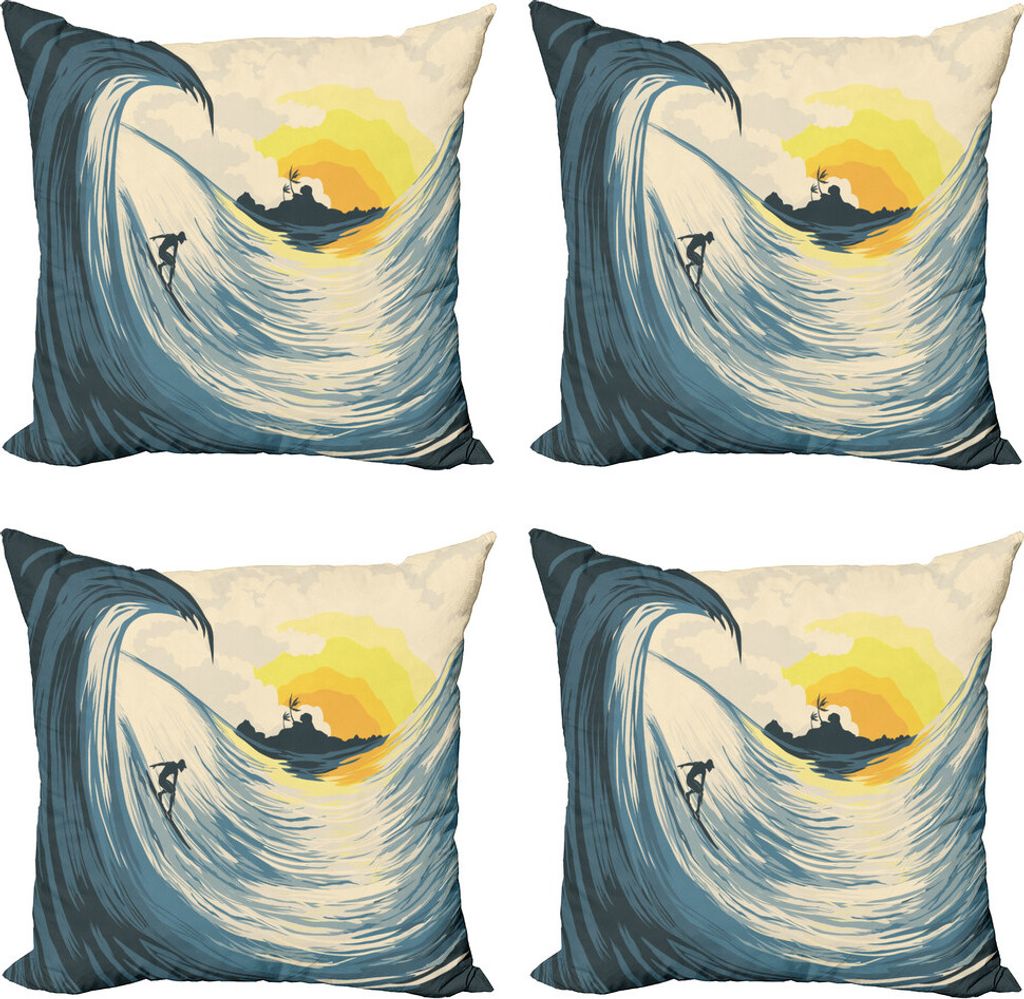 ABAKUHAUS Ozean Kissenbezug Set (4 Stück), Bewölkt Tropical Island, Moderner Doppelseitiger Digitaldruck, 40 cm x 40 cm, Beige Gelb Navy