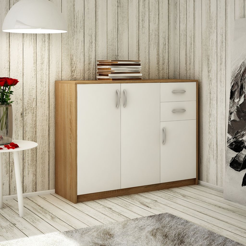 Kommode mit 2 Schubladen und 3 Türen in matter Ausführung, Kommode 110cm breit Holz Schrank Sideboard Highboard Kommode mit Schubladen Sonoma-Weiß