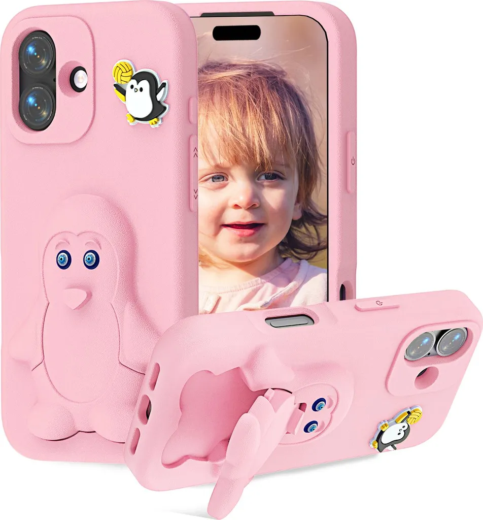 Custodia in EVA per iPhone 16, morbida custodia protettiva antiurto per bambini con supporto per pinguini Rosa
