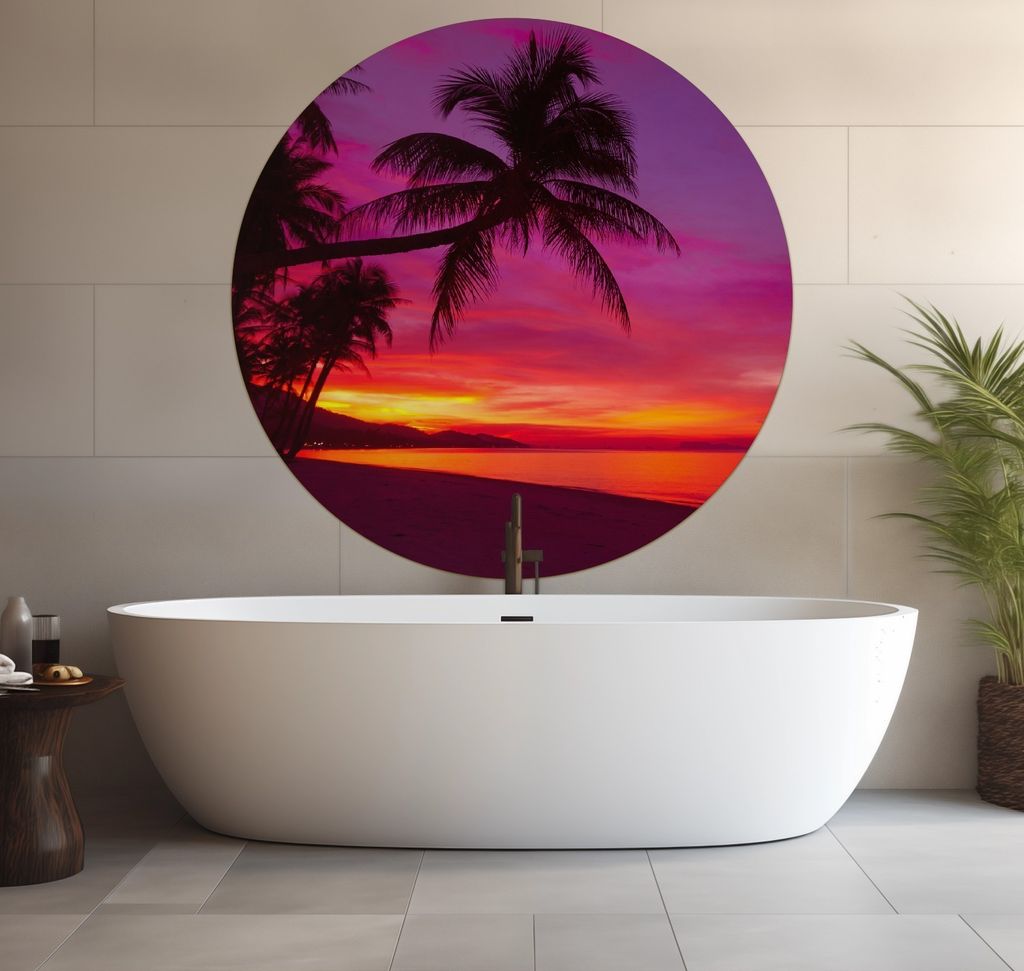 Wallario wasserfestes Poster selbstklebend 120 x 120 cm, Abendrot unter Palmen - pinker Himmel am Strand, Badezimmerposter Spritzschutz mit Hochgla...