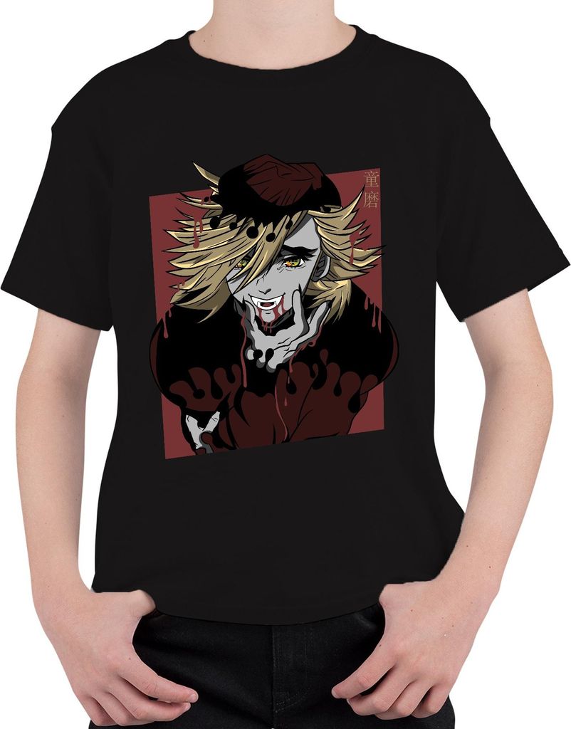 Vampir Anime Blond blut tropfend Fänge gelbe Augen Halloween Uni Kinder T-Shirt, Schwarz, 140