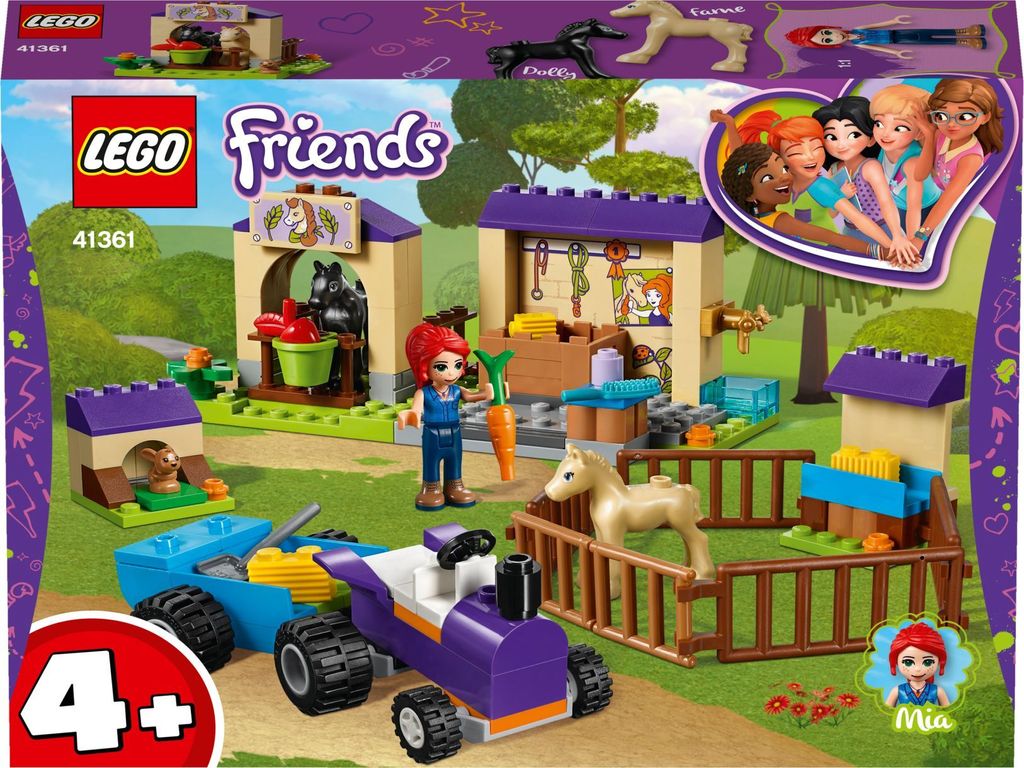 The image shows the packaging for a LEGO Friends playset, featuring a stable scene with horses and figures.