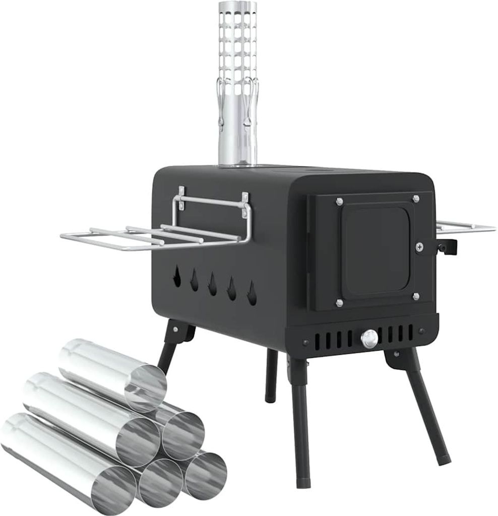 vidaXL Zeltofen Holz mit Rauchabzug und Klappbeinen Schwarz Stahl