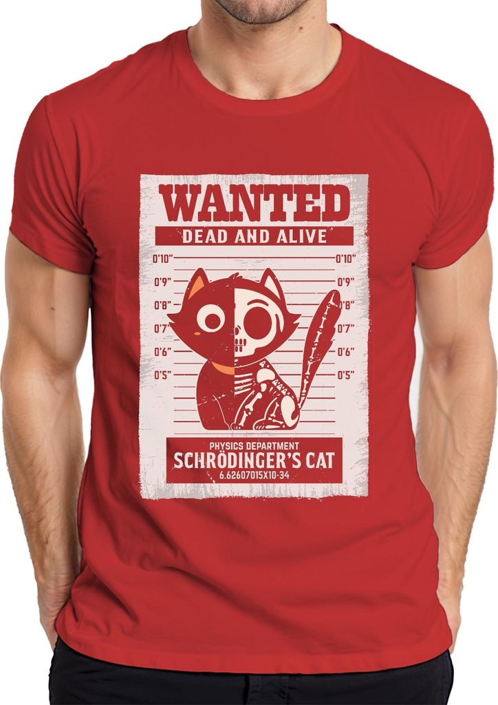Wanted Dead Alive Schrödingers Katze lustige Physik Geschenkidee Herren T-Shirt, Rot, S