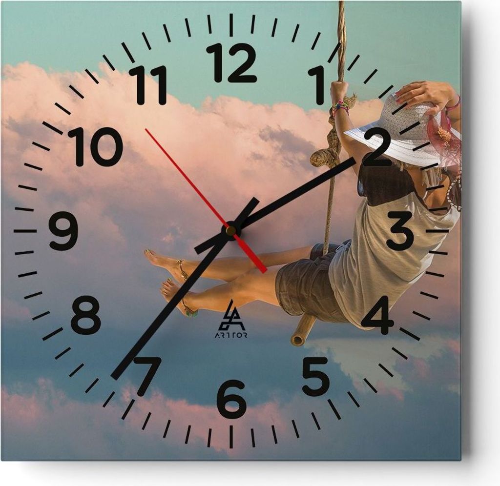 Wanduhr - Quadrat - Glasuhr - Schaukeln Seil Himmel - 40x40cm - Schleichendes Uhrwerk - Lautlos - zum Aufhängen bereit - Dekoration Modern - Wandd...