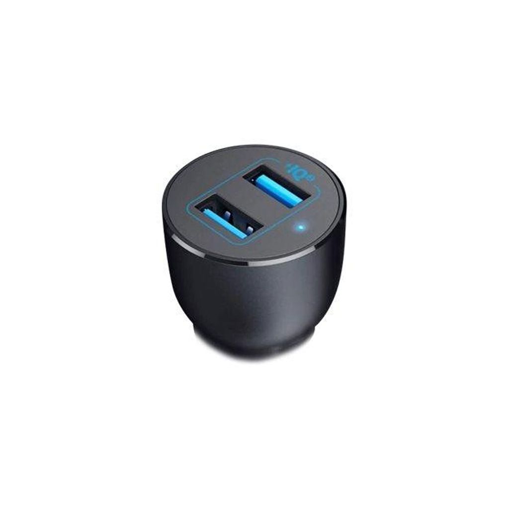 A black car charger with two blue USB ports on a white background.