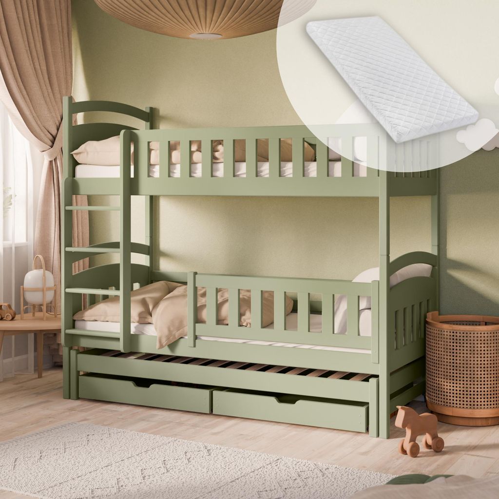 Hochbett 90x200 Etagenbett Kinderbett Jugendbett Stockbett 3 Kinder, mit zwei Schubladen, Kinder Bett umbaubar in 3 Einzelbetten | von 4. bis 18. L...