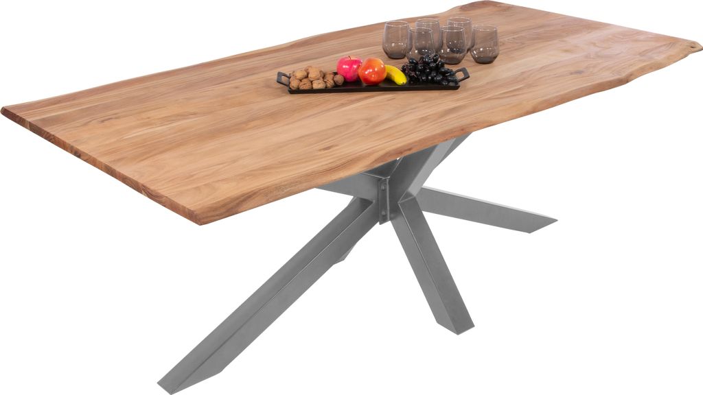 Esstisch Baumkante massiv Akazie eichefarben 180 x 90 cm Spider-Gestell silber DEREK