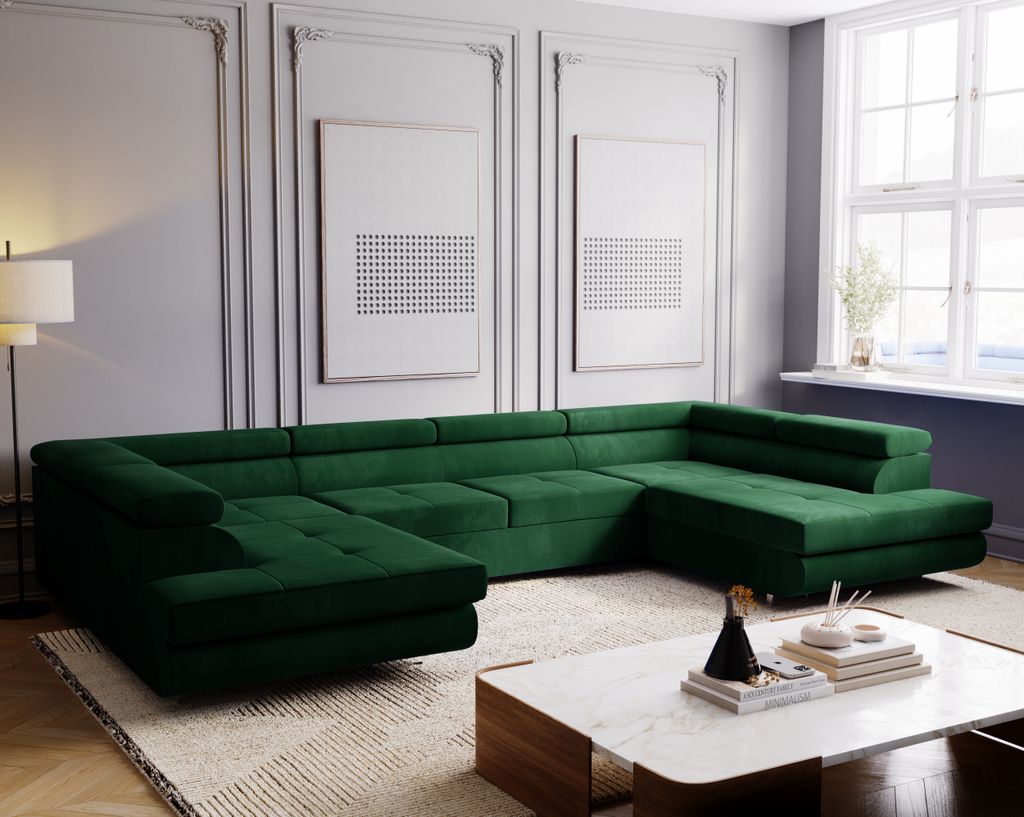 E-ZIMPAZ Ecksofa mit Schlaffunktion und Bettkasten MONTANA XL Eckcouch U-Form Sofa Wohnzimmersofa XXL Wohnlandschaft Couchgarnitur - Grün MH 37