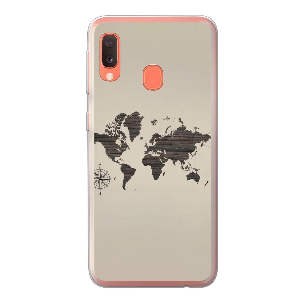MuchoWow Handyhülle Schutzhülle Hülle für Samsung Galaxy A20e Weltkarte - Holz - Braun Silikon Softcase Handy Hülle - Abdeckung