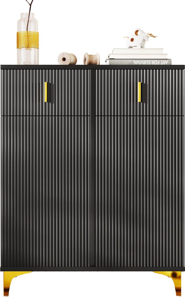 Elegantes Sideboard/Schuhschrank mit Strukturpaneelen, verstellbaren Einlegeböden und goldenen Verzierungen, mit Schubladen