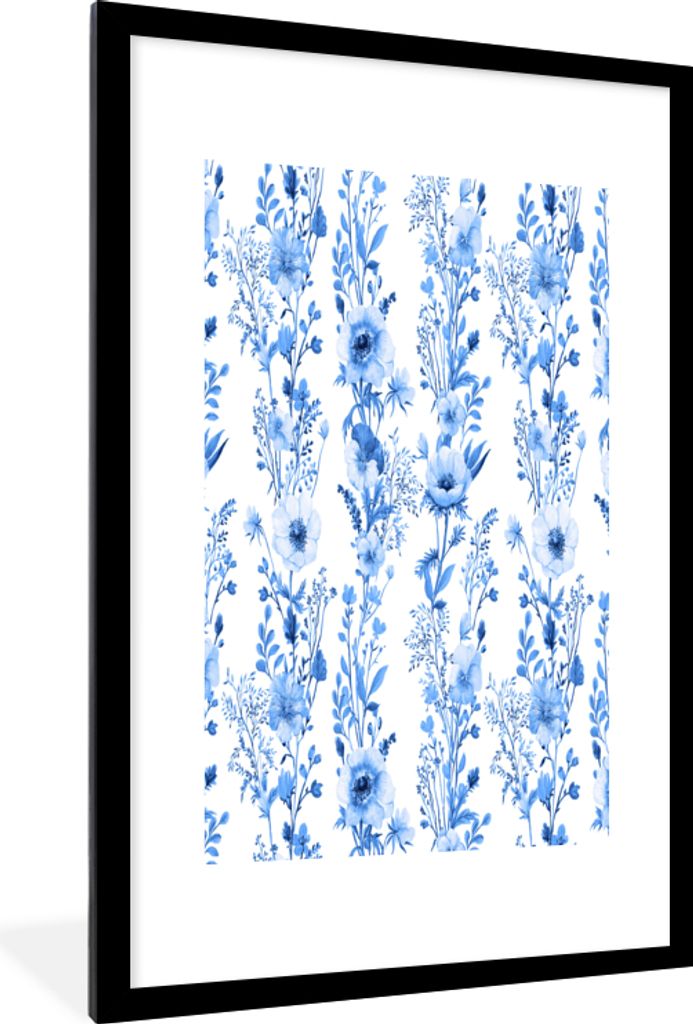 MuchoWow MuchoWow Gerahmtes Poster Blumen - Anemone - Blau - Muster 60x90 cm - Poster mit zchwarzem Bilderrahmen - Dekoration - Wandposter Wohn...
