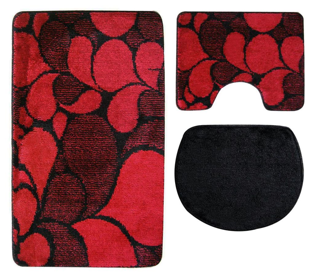 3 tlg Badematte Badezimmerteppich Badteppich Set #79 ROT