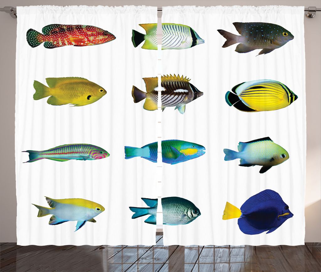 ABAKUHAUS Fisch Rustikaler Gardine, Meeresbewohner nautisch, Schlafzimmer Kräuselband Vorhang mit Schlaufen und Haken, 280 x 225 cm, Mehrfarbig