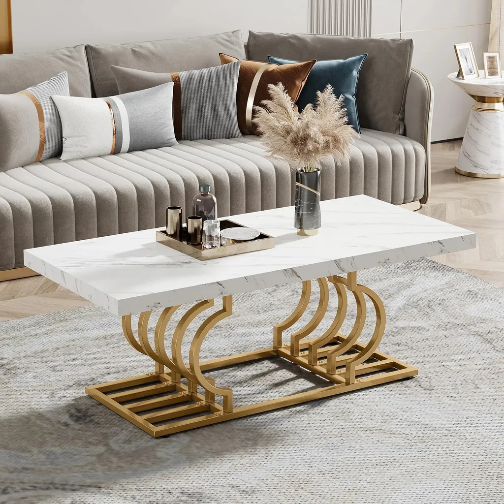 Table basse pour grand salon rectangulaire bleue et marbre - 120x50cm