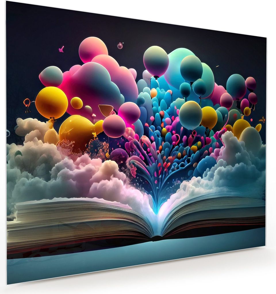 Glasbild Wandbild Offenes Buch Ballons 60x50cm in XXL für Wohnzimmer, Schlafzimmer, Badezimmer, Flur
