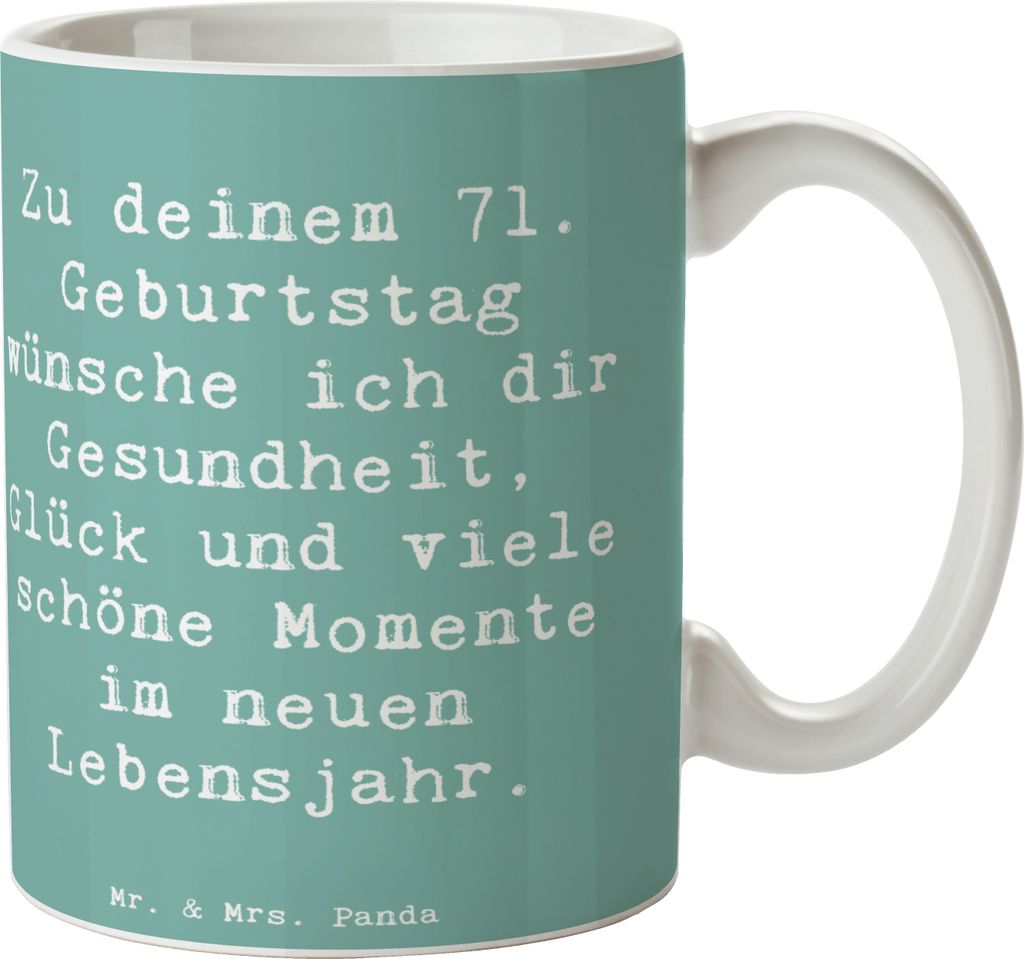 Mr. & Mrs. Panda Kaffeebecher Spruch 71. Geburtstag - Meeresbrise - Geschenk, Geschenktasse, Kaffeepott, Glückwunsch, Tasse, Erinnerungen, Freunds...